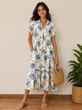 Laura Ashley Linen Blend Floral Midi Dress NWT 
Size Medium